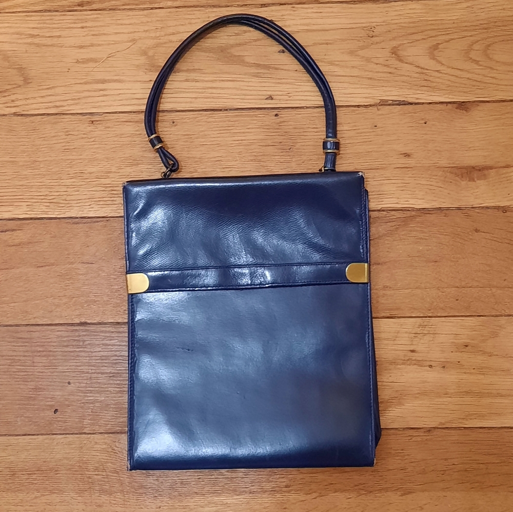 VINTAGE LEATHER NAVY BLUE PURSE CIRCA 1950'S - Picture 3 of 4